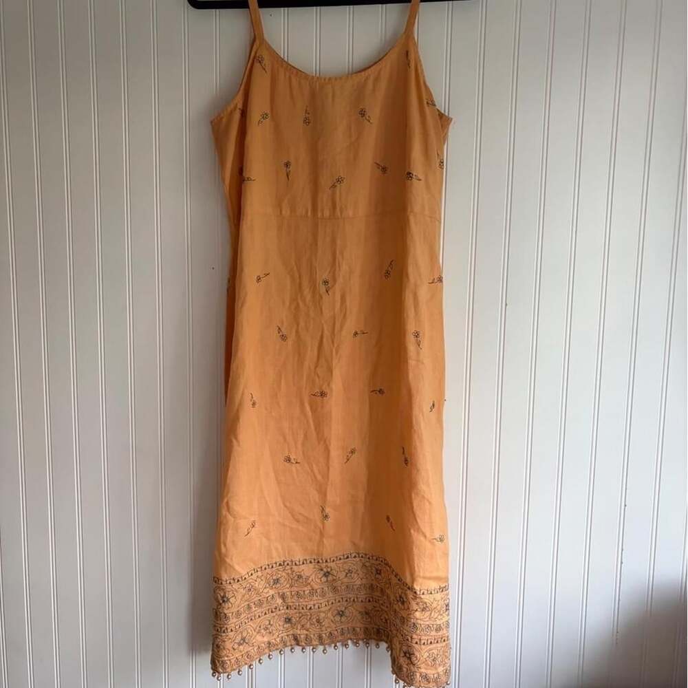 Vintage Kar.a.van Linen Dress Size L Embroidered Floral Marigold beaded hemline